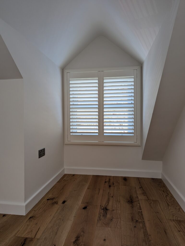 Arran MDF shutters with 76mm louvres in Silk White fotted on Camber Deco Frames Installed in Chester (1)